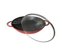 Staub Wok en fonte émaillée – Couvercle en verre – 37 cm – Rouge Cerise