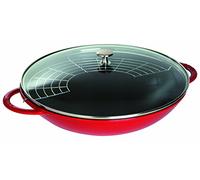 Staub Wok en fonte émaillée – Couvercle en verre – 37 cm – Rouge Cerise