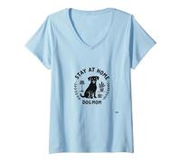 Stay at Home Dog Mom Cozy Pet Lover T-Shirt avec Col en V, Femme, Bleu Céleste, M