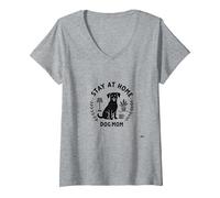 Stay at Home Dog Mom Cozy Pet Lover T-Shirt avec Col en V, Femme, Gris Chiné, M