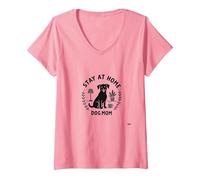 Stay at Home Dog Mom Cozy Pet Lover T-Shirt avec Col en V, Femme, Rose, M