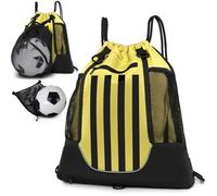 STAY GENT Drawstring Sac à Dos de Basketball pour Enfants Jeunes et Adultes, Pliable Football Volleyball Sacs de Sport Avec Sac à balles en Filet Détachable pour Gym Yoga, Rayures Jaunes et Noires