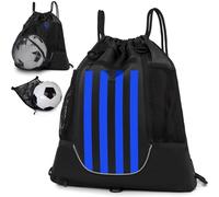 STAY GENT Drawstring Sac à Dos de Basketball pour Enfants Jeunes et Adultes, Pliable Football Volleyball Sacs de Sport avec Sac à balles en Filet Détachable pour Gym Yoga, Rayures Noires et Bleues