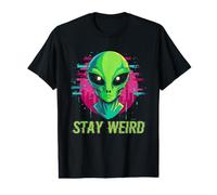 Stay Weird Alien Face Glitch UFO Sci FI Extraterrestre T-Shirt Graphique avec Valeur