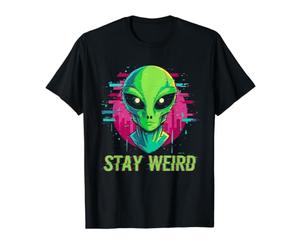 Stay Weird Alien Face Glitch UFO Sci FI Extraterrestre T-Shirt Graphique avec Valeur