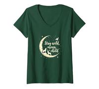 Stay Wild Moon Child Mystic Night Sky T-Shirt avec Col en V, Femme, Vert Forêt, L
