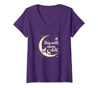Stay Wild Moon Child Mystic Night Sky T-Shirt avec Col en V, Femme, Violet, S