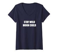 Stay Wild Moon Child T-Shirt avec Col en V, Femme, Bleu Marine, XXL