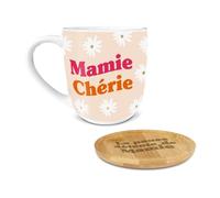 STC Coffret Cadeau Mamie Chérie, Tasse en Céramique, Sous-Tasse en Bois