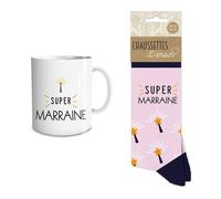 STC Coffret Cadeau Mug et Chaussettes - Super Marraine (taille 36/42 - mug de 240 ml)