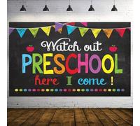 STCREE Toile de fond « Welcome Back to School » de 2,1 x 1,5 m avec inscription « Watch out Preschool Here I Come » - Tableau noir - Décoration de salle de classe pour fête scolaire - Tableau