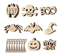 STCRERAG 80 PCS Halloween Decoration Interieur Ornements Pendentif en Bois avec 80 Cordes de Chanvre 8 Styles Artisanat Suspendus Décoration Suspendue pour Halloween DIY Activité Manuelle d'Halloween