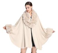 STDNERY Manteau Cape Tricoté Élégant for Femme Cardigan Cape en Tricot Poncho Châle avec Col en Fausse Fourrure for Mariage Automne-Hiver Mariée Demoiselles d'honneur(Beige)
