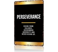Steadfast Reminder Inspirational Metal Sign for Man Cave 12x8 Inch | Bold clear lettering visible across room above workout bench shelf