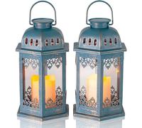 SteadyDoggie Lot de 2 lanternes solaires bleues à suspendre avec bougie vacillante LED - Lanterne solaire rétro décorée avec poignée