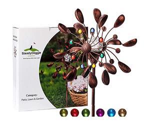 SteadyDoggie Moulin à vent solaire 190,5 cm Joyau Coupelle Multicolore Lumière LED à énergie solaire Boule en verre avec moulin à vent cinétique Double direction Pour pelouse et jardin