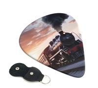 Steam Train Depart Lot de 6 médiators avec porte-médiators en cuir pour guitare électrique, ukulélé 0,71 mm