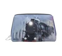 Steam Train Depart Pochette de maquillage en cuir avec fermeture éclair sur le dessus Motif coucher de soleil, Argenté., Taille unique