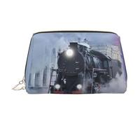 Steam Train Depart Pochette de maquillage en cuir avec fermeture éclair sur le dessus Motif coucher de soleil, doré, Taille unique