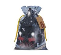 Steam Train Depart Sacs de Noël imprimés coucher de soleil avec cordon de serrage ruban de Noël jaune - Pochettes cadeaux réutilisables en toile de jute avec cordon de serrage, M