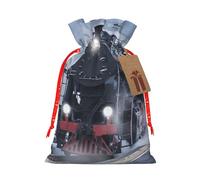 Steam Train Depart Sacs de Noël imprimés coucher de soleil avec cordon de serrage ruban de Noël rouge - Pochettes cadeaux réutilisables en toile de jute avec cordon de serrage, M