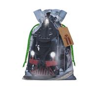 Steam Train Depart Sacs de Noël imprimés coucher de soleil avec cordon de serrage ruban de Noël vert - Pochettes cadeaux réutilisables en toile de jute avec cordon de serrage, S