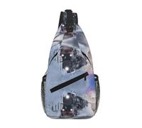 Steam Train Depart Sunset Sac à bandoulière unisexe avec design multi-poches, sac à bandoulière de grande capacité en polyester durable et sangle réglable pour les trajets quotidiens et les voyages