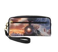 Steam Train Depart Trousse de maquillage en cuir imprimé coucher de soleil avec dragonne, trousse de toilette de voyage portable pour femme, Noir , Taille unique, Trousse de maquillage