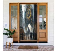 Steampunk City Streets With Big Clock Retro Architecture Door Cover Banner Decoration Backdrop Porche Sign For Holiday Party, Photo Booth Background, Indoor Outdoor Use One Size
