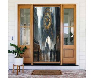 Steampunk City Streets With Big Clock Retro Architecture Door Cover Banner Decoration Backdrop Porche Sign For Holiday Party, Photo Booth Background, Indoor Outdoor Use One Size