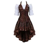 Steampunk Corset Bustiers et Robe Jupe und Chemisier 3 pièces Cuir Punk Rave Fête Pirate Burlesque Marron M