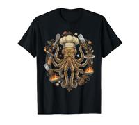 Steampunk Octopus Chef Cook Mechanical Cuisine T-Shirt Graphique avec Valeur, Homme, Noir, M