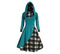 Steampunk Vêtements pour Femmes Plaid Panel Halloween Robe Gothique Manches Longues Rockabilly Swing Robes Médiévale Grande Taille à Lacets Cinch Corset Robe Renaissance Costume