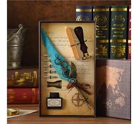 Steampunk Winged Fountain Pen Feather Pen Ink Gift Set, 3 interchangeable nibs, vintage calligraphy pen, signature pen, unique gift for writers and collectors(B-Lake blue)