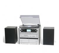 Steepletone PHOENIX Centre de musique 6 en 1 haut volume avec triple lecteur CD, lecteur de disque vinyle, double cassette, radio FM et Bluetooth, encodage de lecture MP3, télécommande, haut-parleurs