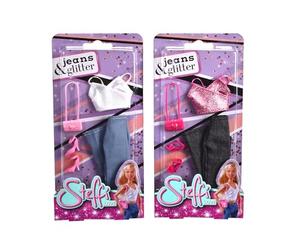 Steffi Love Jeans & Glitter, 2 Couleurs Assorties, Un Seul Article est fourni, Top pailleté avec Jeans et Accessoires de Mode, pour poupées de 29 cm, sans poupée, à partir de 3 Ans