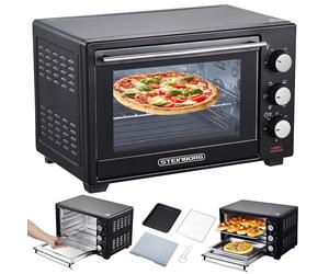 STEInBORG Mini Four 25 Litres | Four à Pizza 3 en 1 | Plaque Ramasse-Miettes | Chaleur de Voûte et de Sole | Convection | Minuterie 60 Min | 1600 W
