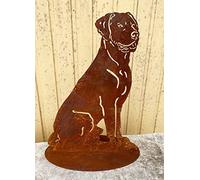 Steinfigurenwelt Figurine de jardin chien labrador assis sur une plaque 50 x 35 cm - Décoration de jardin résistante aux intempéries - Métal rouillé