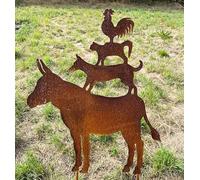 STEINFIGURENWELT GIEBEN Bremer Stadtmusikanten Figurine de jardin en métal rouillé résistant aux intempéries 60 x 50 cm Coq chat chien âne animal