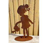 Steinfigurenwelt Lena Figurine de jardin fille avec théière 35 x 22 cm sur plaque patine - Décoration de jardin résistante aux intempéries - En métal rouillé