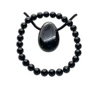 Steinfixx Coffret cadeau Tourmaline Schörl - Pendentif goutte de tourmaline noire avec cordon en daim de 80 cm et bracelet de perles de 6 mm - Qualité AAA - Coffret cadeau et carte de pierres