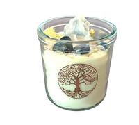 Steinfixx® Grande bougie « Renouveau » en verre avec instructions (français non garanti) | Bougie parfumée | Bougie rituelle | Bougie en cristal avec fleurs | Calcite orange, cornaline, cristal de