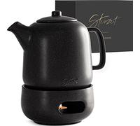 Steinzeit Théière design avec réchaud (1,247 g) - Théière en céramique de qualité supérieure avec infuseur pour thé en vrac - Théière en céramique noire avec cuiseur vapeur amovible