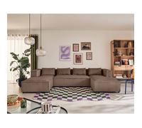 Lisa Design - Canapé Panoramique en U Stella en Velours Côtelé - Grand Sofa XXL Gris Taupe 7 Places - Salon