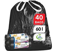 Stella Pack Sacs Poubelle Noirs 60l 40 Pcs Résistants Liens Coulissants Anti-fuites Écologiques Recyclés Multi-usages pour Déchets Linge Jouets et Rangement