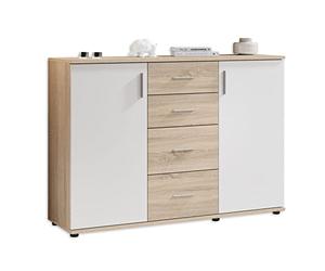 Stella Trading BOBBY Commode D’aspect Chêne Sonoma, Blanc, Buffet Bas Moderne, Beaucoup D’espace De Rangement Pour Votre Pièce À Vivre, 120 x 82 x 35 cm (L/H/P)