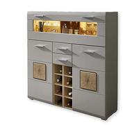 Stella Trading Fun Plus - Armoire de Bar à 2 tiroirs en Basalte avec Applications en Bois de cerf - Buffet Haut Moderne avec éclairage LED - 120 x 129 x 37 cm (l x H x P)