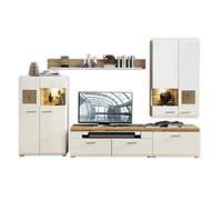 Stella Trading Fun Plus Ensemble Complet de Murs de Salon avec de Belles Applications Cerveau et décor chêne, Blanc Mat, détails en Bois de Bout, 320 x 205 x 47 cm