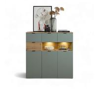 Stella Trading INA Buffet Haut Vert Roseau, Aspect chêne Artisanal, certifié FSC, Armoire de Salon, Moderne, avec tiroirs et éclairage LED, 125 x 125 x 45 cm (l x H x P)