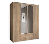 Stella Trading KARL Élégante Armoire À Vêtements, 4 Portes, Grand Espace De Rangement, Polyvalente, Portes Battantes, Aspect Chêne Sonoma, Avec Portes À Miroir, 160 x 196 x 54 cm (L/H/P)